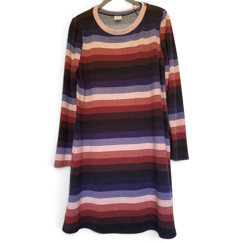 Kaileigh Womens Large Striped Knit Dress Long Sleeve Purple Pink Burgundy Shift